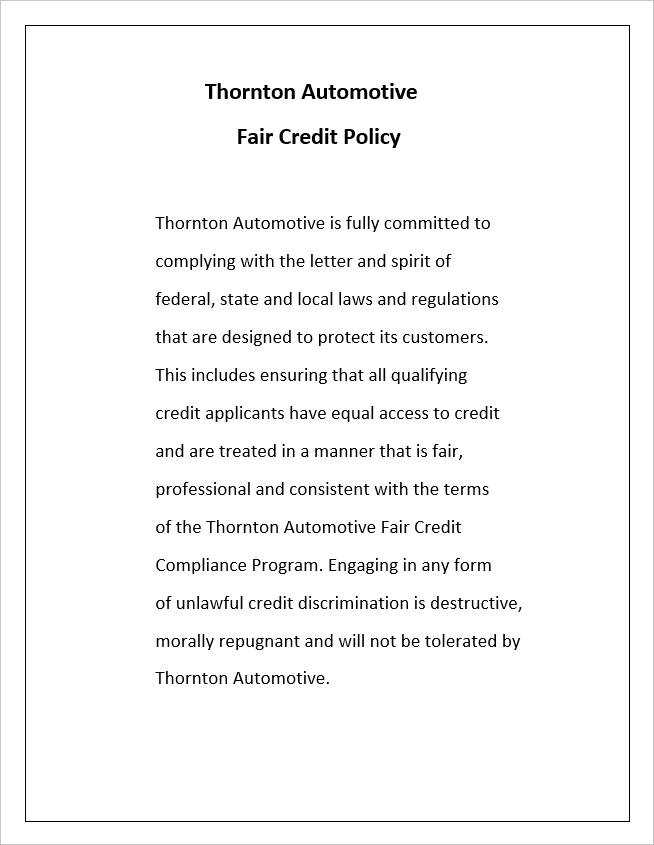 Thornton Fair Credit Policy